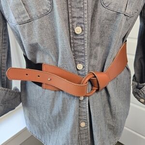 LP BY LINEA PELLE COGNAC BROWN LEATHER & BLACK STRETCH FOLD OVER BELT WOMEN M